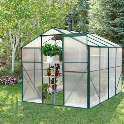 Serre de plain-pied 6 pi x 8 pi, en polycarbonate, à transmission élevée, drainage en eau de serre efficace en polycarbonate 6 pi x 8 pi, isolation thermique, porte coulissante pratique