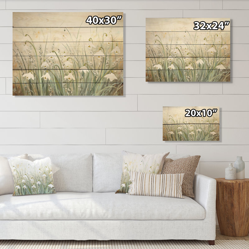 Farmhouse Snowdrops Bloom Charm I - Snowdrops, art mural sur bois de pin naturel, H 10 po x l 20 po