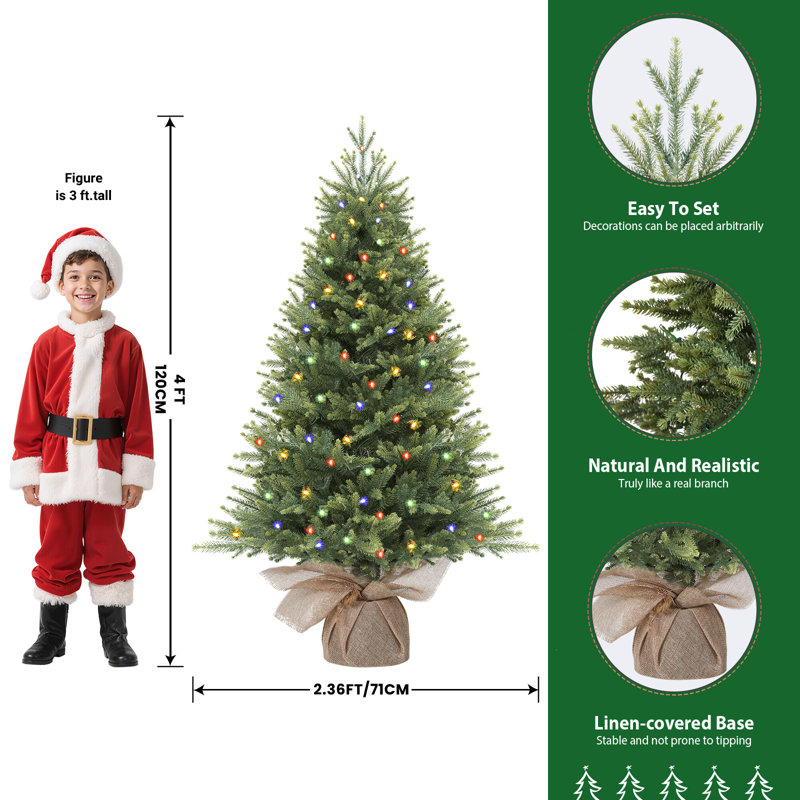 4FT Small Christmas Tree with Lights 2026, Mini Tabletop Tree with Realistic PE Pine Needles, Little Christmas Tree Featuring Multicolor String Lights Pine Xmas, Tabletop Xmas Tree for Desk, Shelf, Room Decoration