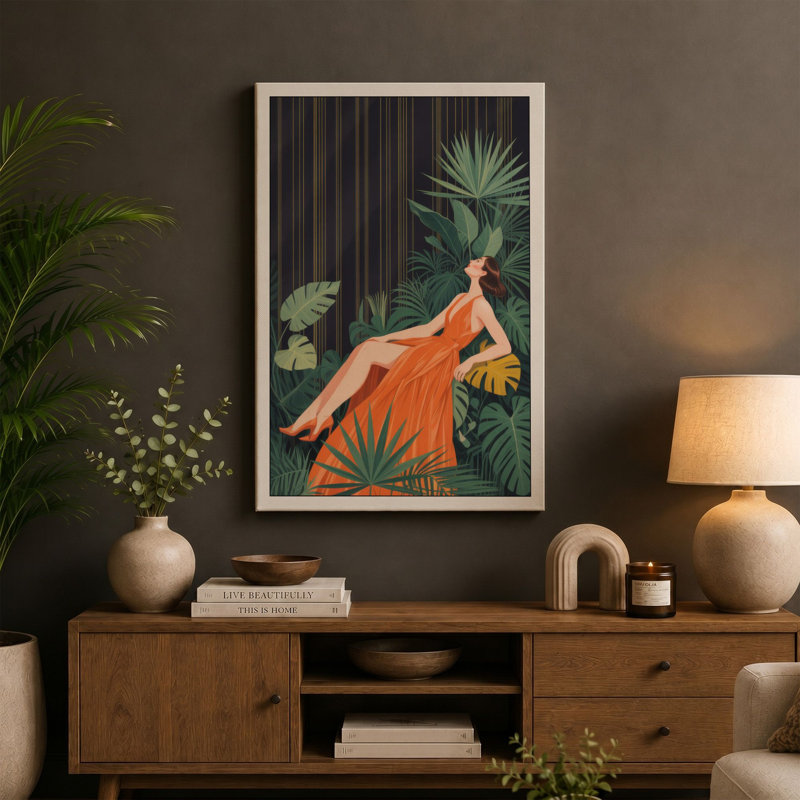 Woman in Orange Repose Mid-Century - Wrapped Canvas, 36x24 - 91.4 x 61.0 cm, Ochre Border