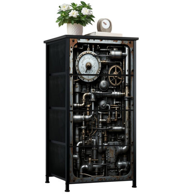 Dresser for Bedroom with 4 Storage Drawers Steampunk Industrial Pipes Gears Pressure Gauges Dials Dressers Chest of Drawers Steel Framed Fabric Closet Organizers for Dorm Entryway