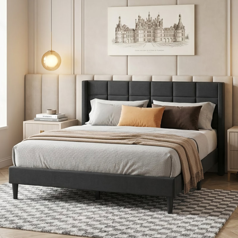 Platform Bed Frame With Upholstered Wingback Headboard, Gray, Full