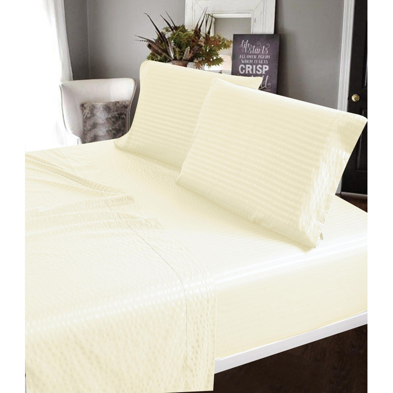 100% Cotton Sateen Striped Sheet Set, Queen Sheet Set + 2 Pillowcases, Beige