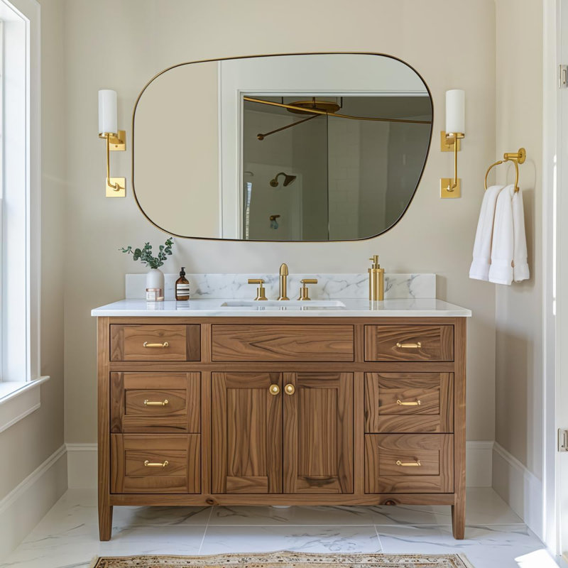 Huldrik Asymmetrical Irregular Bathroom Vanity Mirror | Stainless Steel Frame, Brushed Gold, 48" x 30"