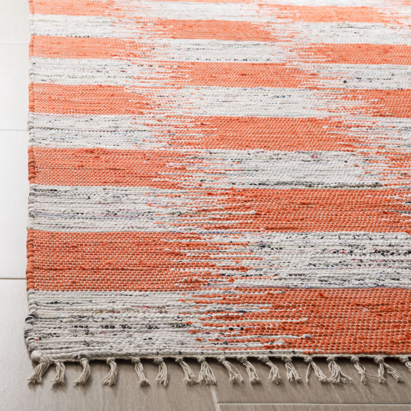 Tapis orange / gris en coton tissé à plat à la main Opie Ikat, Rectangle 8 pi x 10 pi