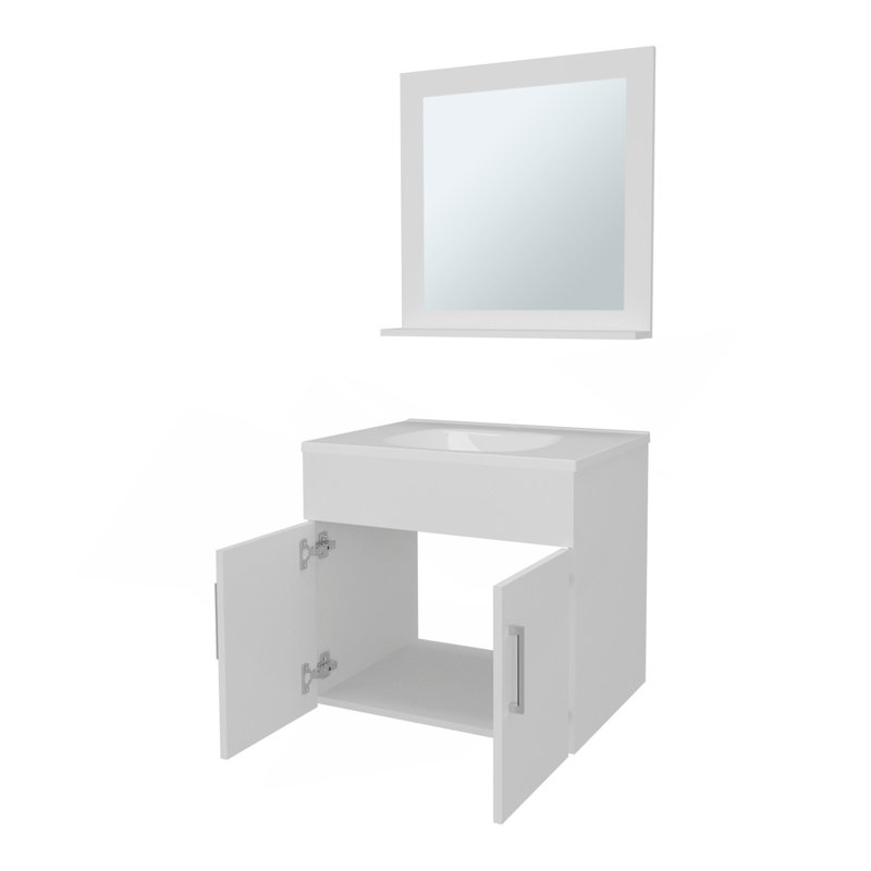 White 2-Door Floating Bathroom Vanity Set With Sink And Mirror, White