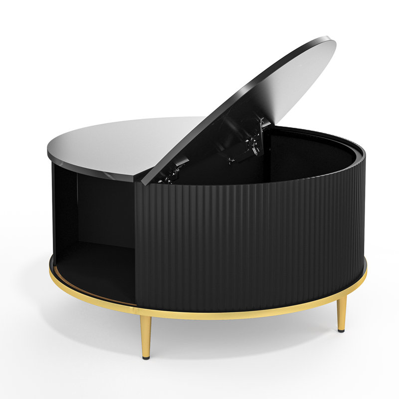 31.5" Modern Round Coffee Table With Hidden Storage: Flip-top Lid & Sliding Doors, Black, Gold
