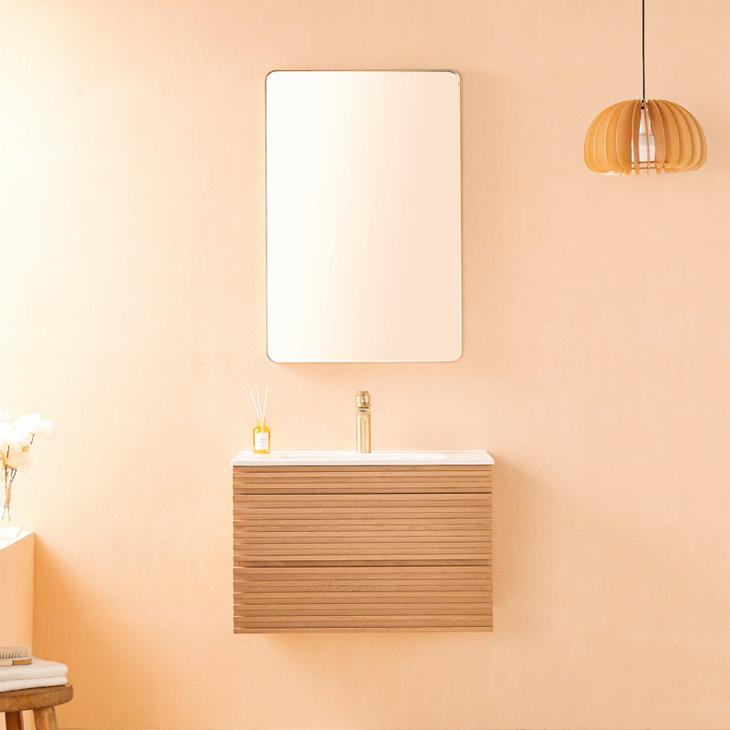 Meuble-lavabo mural de 30 po avec lavabo en céramique. Finition noyer naturel. Entièrement assemblé pour une installation facile. Tiroirs spacieux et rangement de l'armoire. Matériau en contreplaqué. Dessus épuré. Taille de conception stratifiée.