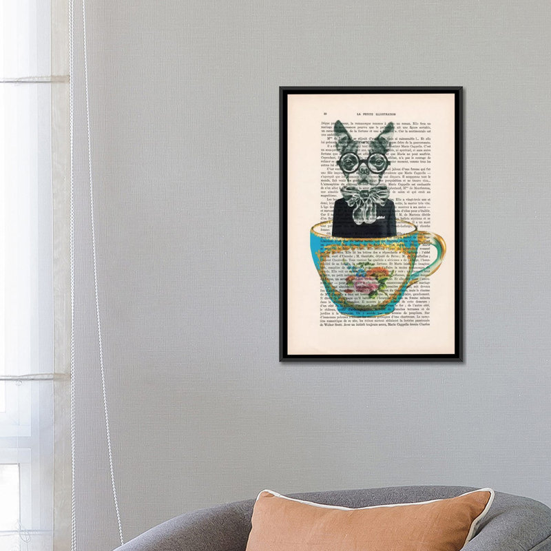 «Vintage Paper Series: Dog in a Cup», impression sur toile, H 60 po x l 40po x P 1,5 po, Toile avec cadre noir, Pas de tapis