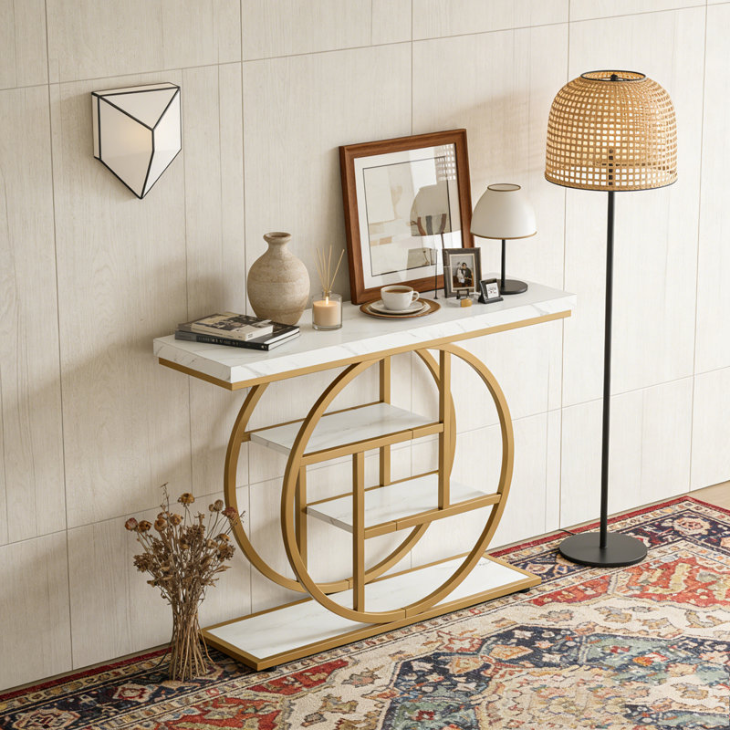 Console industrielle 41,3 pouces à 4 niveaux avec base circulaire - canapé de hall d'entrée étroit, décor en métal, Blanc