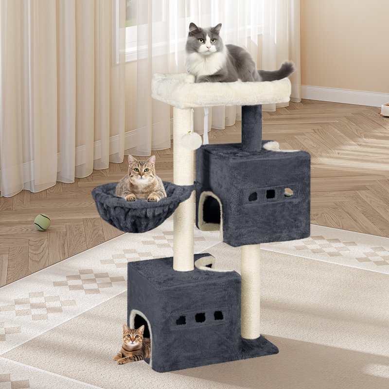 Cat Tree, 98 cm Tower, Sisal Scratching Post, Cats Tower for Indoor, Multi-Level Stable Cat Tree with Cats House, 2 Caves, Pompoms,  Dark Grey, Light Grey