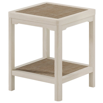 Rattan End Table, Farmhouse Square Nightstand For Living Room, Creamy White