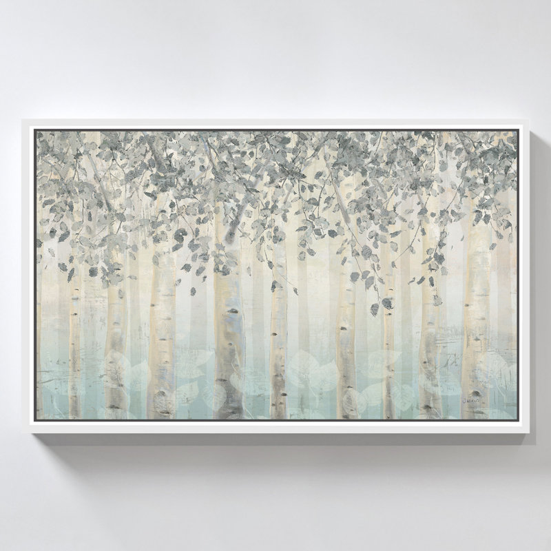 « Silver and Grey Dream Forest I » de James Wiens – Impression sur toile dans un cadre flottant blanc, H 27,5 po x l 43,5 po