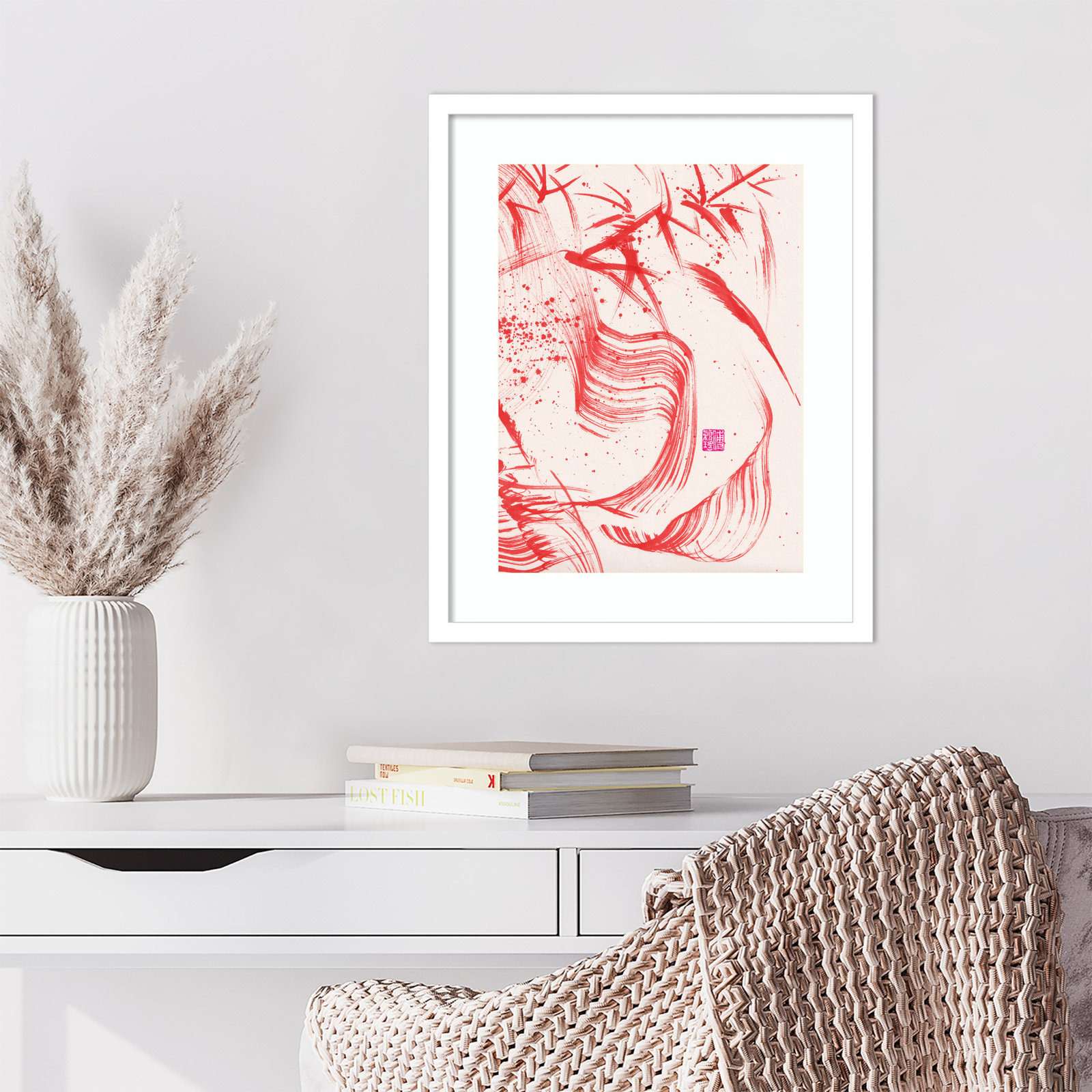 Lemma "Zen Bamboo Ink Abstraction 2" Print, White, 21" H x 17" W