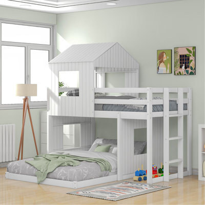 Lit superposé simple en bois sur lit double, lit mezzanine avec maisonnette, maison de campagne, échelle et garde-corps, blanc