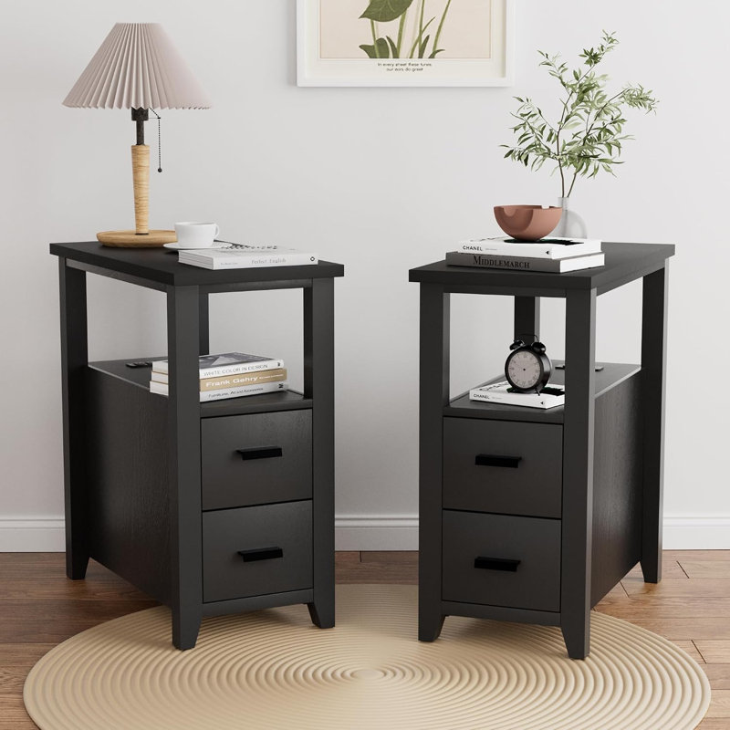 Table de bout étroite avec station de charge et 2 tiroirs, 1