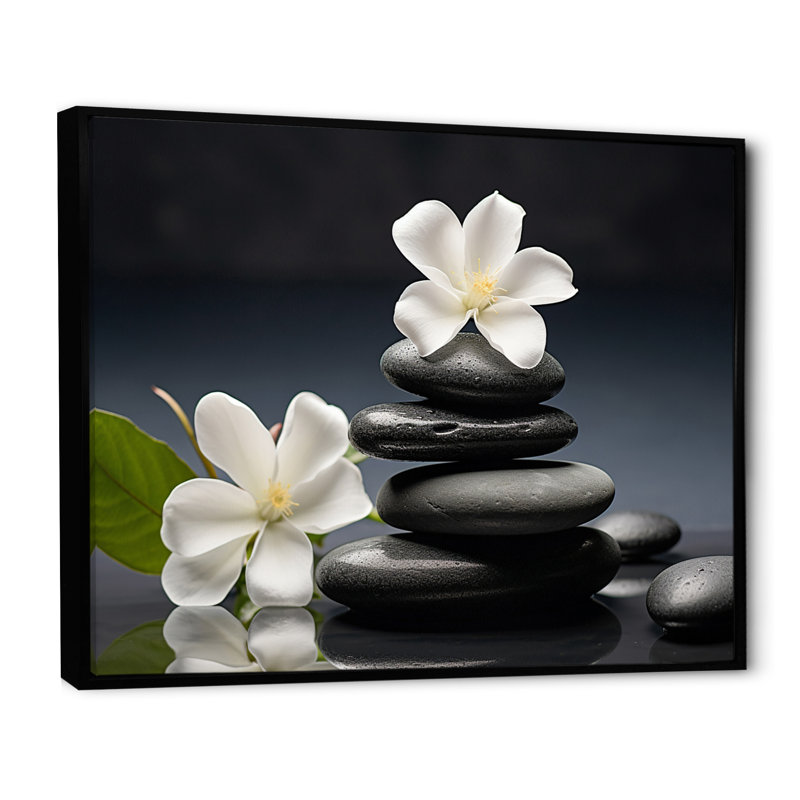 «Zen Black River Stone Blooming Magnolias», reproduction sur toile Lily, H 16 po x l 32 po x P 1 po, Cadre flottant noir