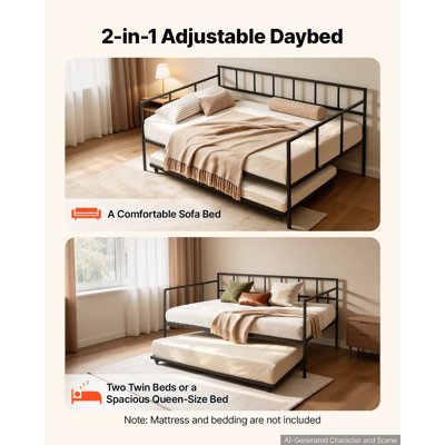 Lit de jour double avec lit gigogne escamotable en métal, pour la chambre d'amis du salon, conception en métal robuste, canapé-lit peu encombrant, 2 roulettes verrouillables, assemblage facile, noir