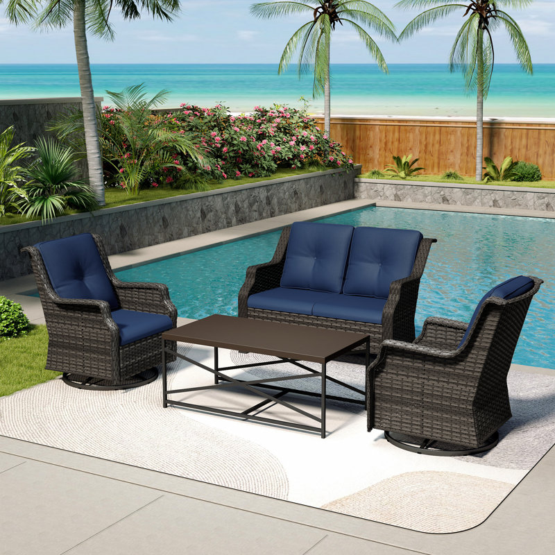 4-Person PE Wicker Outdoor Patio Set with Loveseat,Swivel Chairs,Coffee Table & Blue Cushion, Blue