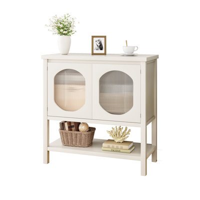 Coffee Bar Cabinet with Storage in White - Console Table with Glass Doors and Textured Wood Design for Living Room or Hallway