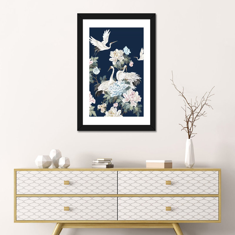 Grues blanches Pearly II par Eva watts, reproduction d’art, Papier encadré noir, Blanc, H 24 po x l 16 po x P 1 po