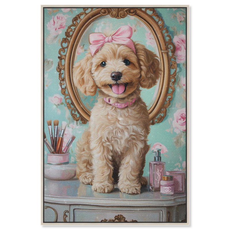 «Puppy at the Vanity» par Pet Remedy, H 46 po x l 31 po, Cadre argenté