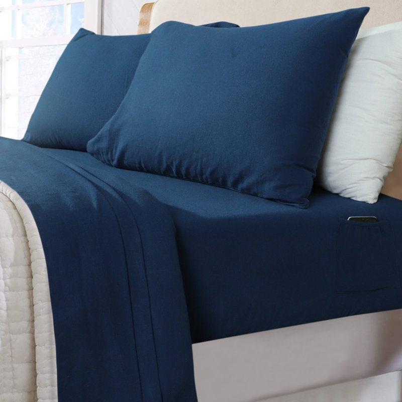 Ensemble de literie en flanelle 100 % coton, Bleu marine, Ensemble de draps pour lit simple TG + un drap-hou