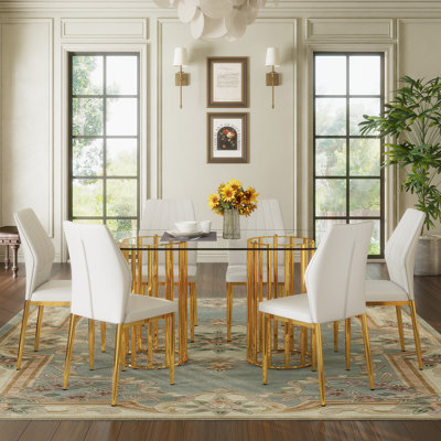 Oval Tempered Glass Dining Table & 6 White PU Chairs, Gold Double Column Base & Gold Legs