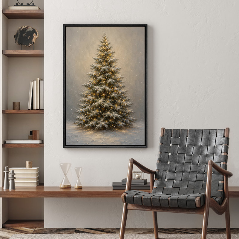 Arbre de Noël illuminé dans une scène d'hiver enneigée, reproduction d'art sur toile encadrée, 24" H x 16" W x 1.5" D, Black