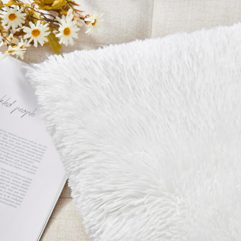 White Faux Fur Square Pillow Covers with Tassels, 20" x 20", Set of 2