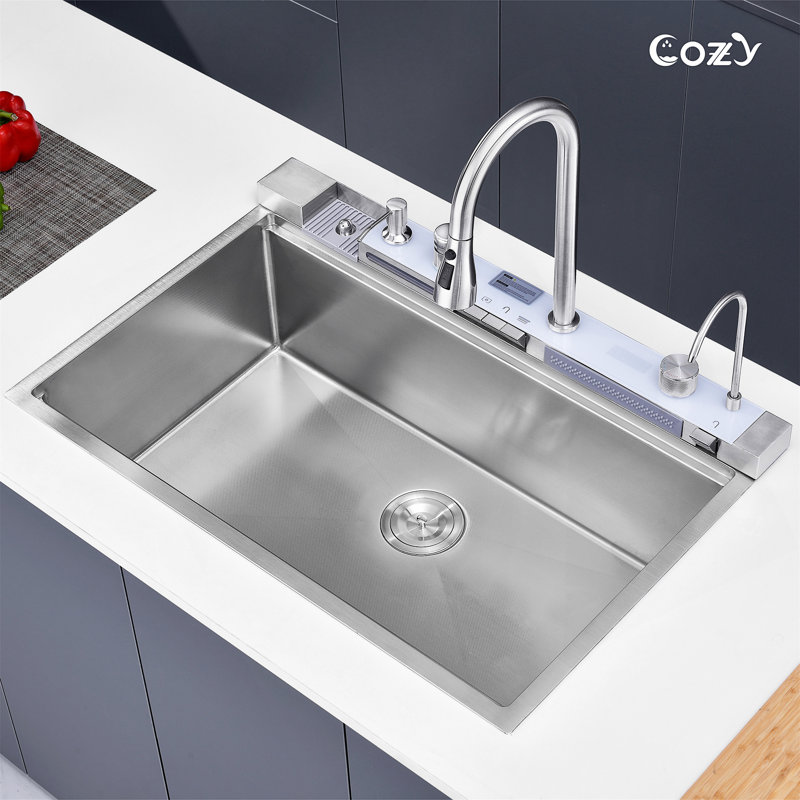 Robinet rétractable à simple cuve d'évier de cuisine 304 33 "x 22" Baleine Cascade Lavabo en acier inoxydable avec accessoires de lave-vaisselle