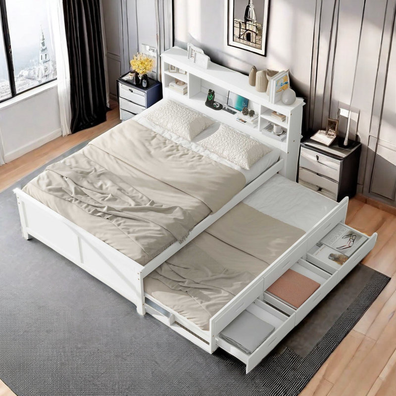 Shamillia Platform Bed with Storage Headboard, USB, Twin Size Trundle and 3 Drawers, White