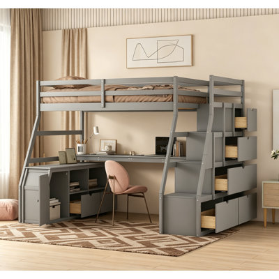 Lit mezzanine simple avec 7 tiroirs, 2 tablettes et bureau - parfait pour une utilisation compacte et multifonctionnelle dans les chambres d'enfants