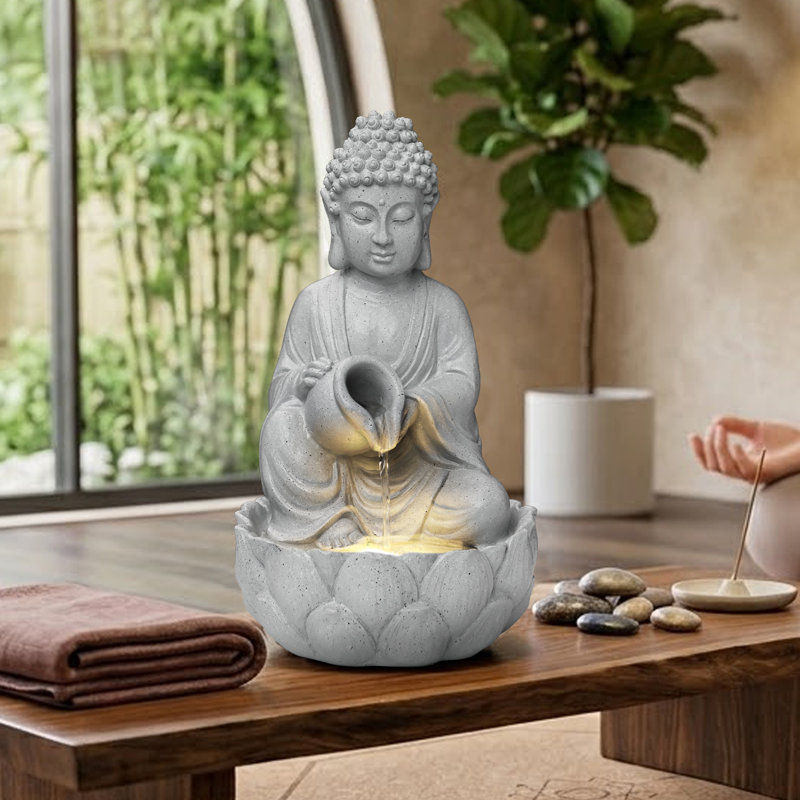 Large Buddha Indoor/Outdoor Resin Water Fountain-20"H  Zen Sitting Buddha Resin Fountain with LED Light & Lotus Base, White