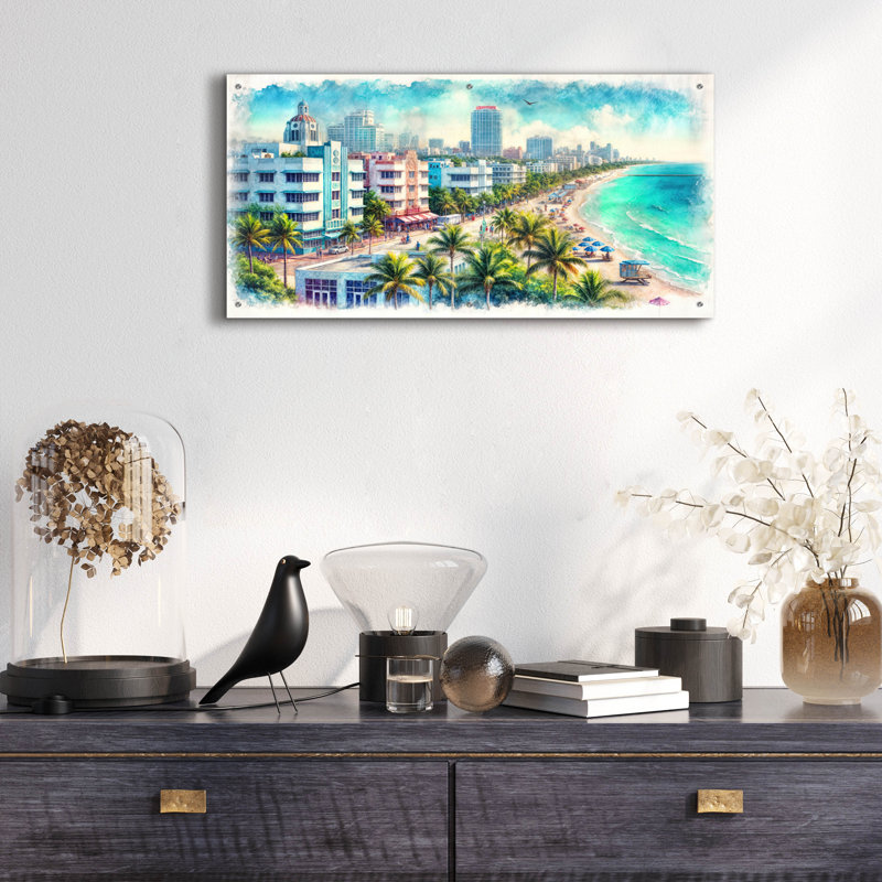  «South Beach Miami Watercolor» par Rey Klimt, art mural en verre acrylique, 48 po x 24 po