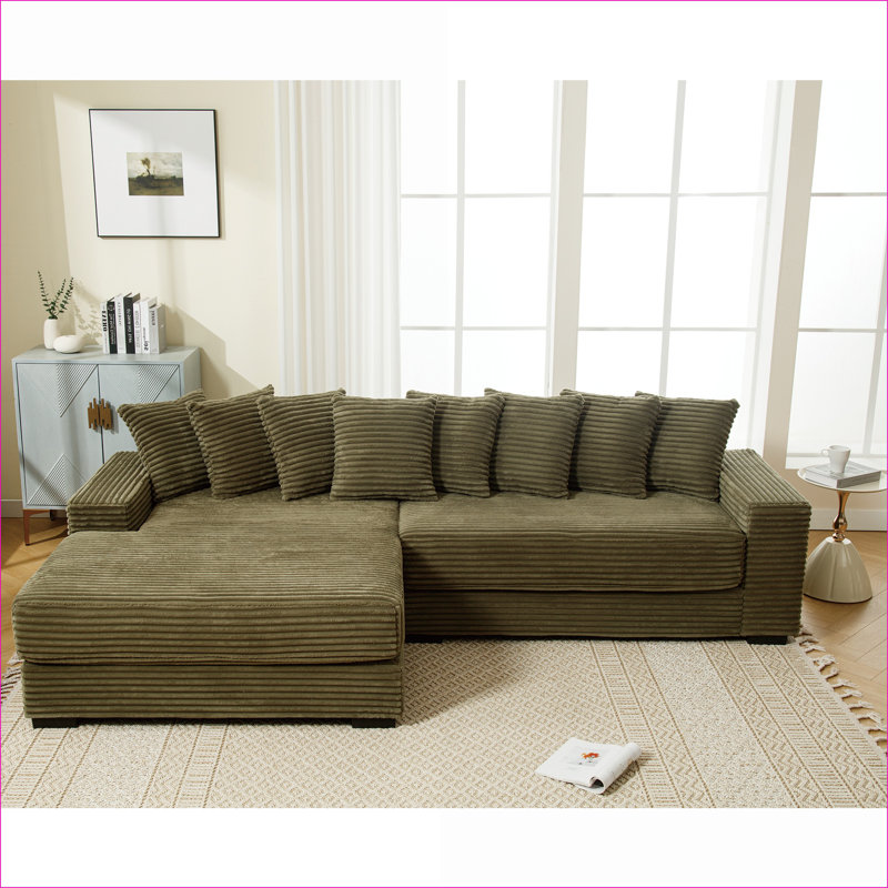 Canapés modulaires | Canapé gauche en velours côtelé 2 pièces en L, 3 sièges pour le salon, assemblage facile, 8 coussins | Vert sauge | Standard