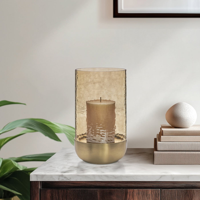 9" Detachable Glass Hurricane & Gold Ceramic Candle Holder for Pillar Candles, 9" H x 5.25" W x 5.25" D