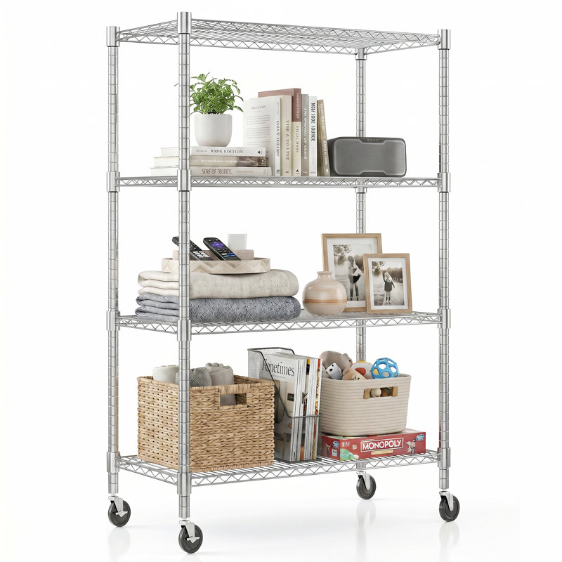 Étagère robuste à hauteur réglable avec roulettes, pieds de nivellement, Chrome, (4 tablettes) H 72 po x l 36 po x P 18 po