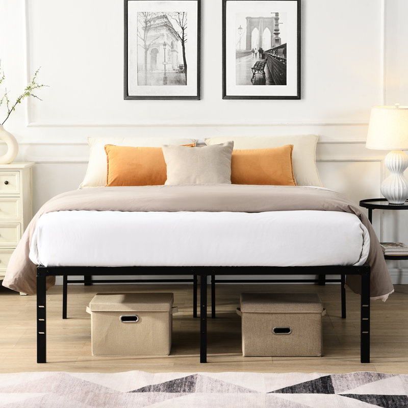 Black Heavy Duty Metal Bed Frame With Quick Assembly, Silent Function, 750 - Pound Static Support, Reinforced Steel Mattress Storage Space Under Bed, And Connection Holes For Ends,