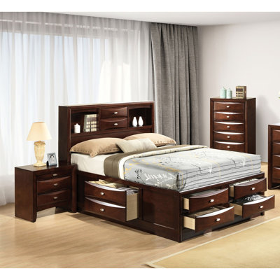 Mobilier de chambre à coucher contemporain grand format 3 pièces, couleur cerise, lit en bois massif avec tête de lit bibliothèque et 2 tables de chevet, bois d'ingénierie, tiroirs latéraux