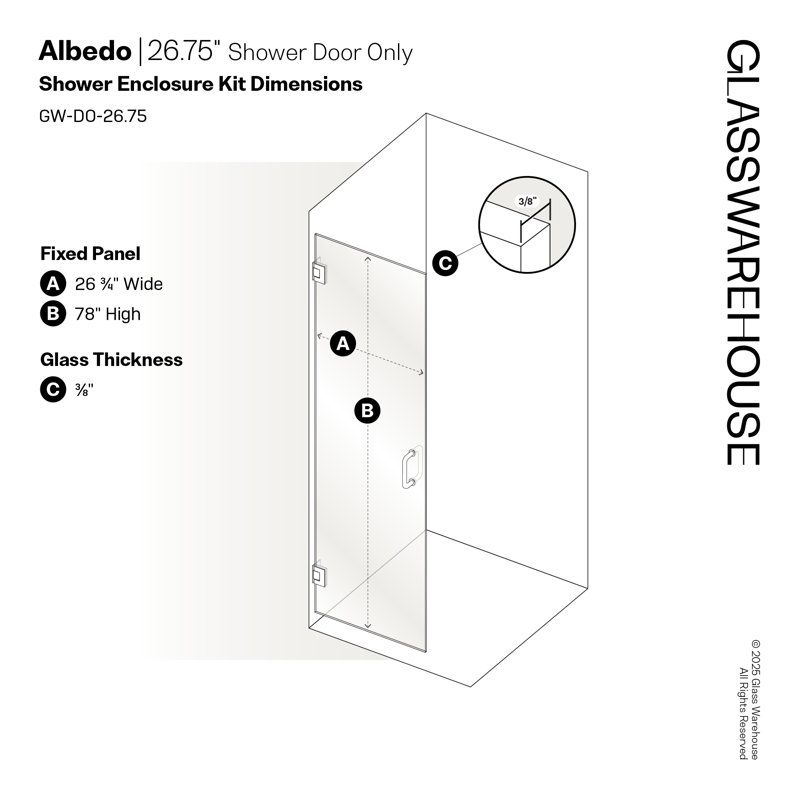 Albedo 26.75 in. x 78 in. Fully Frameless Hinge Shower Door, Chrome
