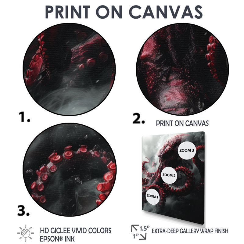  «Red Grey Kraken Mythical Creature I - Mythical Creatures, art mural, H 12 po x l 20 po, Cadre simple noir, bois massif