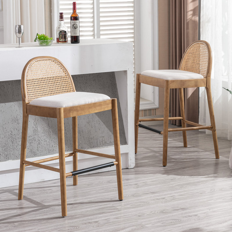 Emington Modern Stools with Rattan Backrests and Wood Frame, Bar Stool (30” Seat Height), Beige/Nature