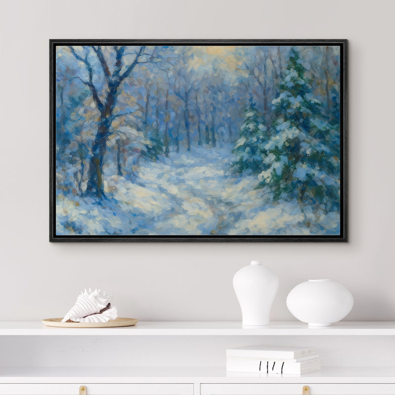 «Blue Winter Forest Path», reproduction d'art encadrée sur toile encadrée, H 16 po x l 24 po x P 1,5 po, Noir