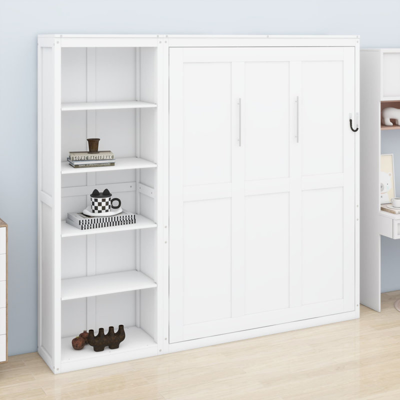 Ellettsville Murphy Bed Wall Bed With Shelves, White, Queen