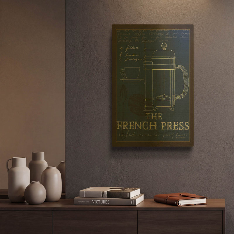  «Coffee Blueprint 1 1ndigo» par Marco Fabiano, art mural en métal doré, 12 po x 16 po, 12 po x 16 po