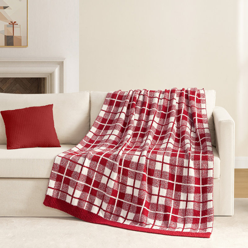 Reversible Plaid Knit Throw Checkered Blanket Soft Feather Yarn Blankets for Couch or Bed, Red, Throw