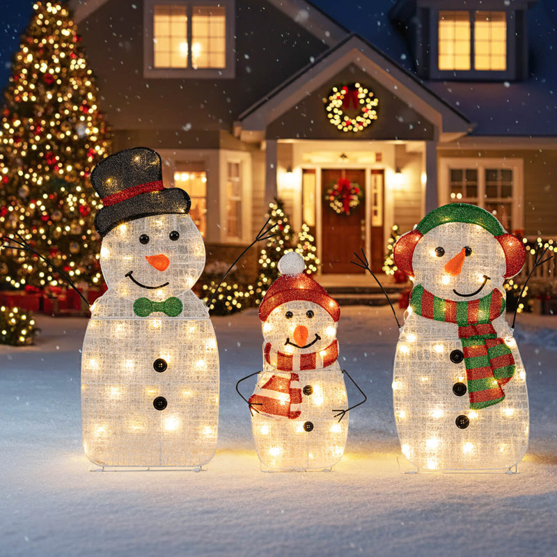 Ensemble de 3 bonhommes de neige pré-éclairés avec 3 lumières à DEL pour jardin