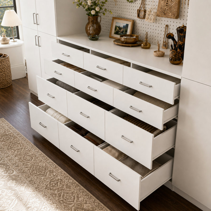 Système d'organisation de garde-robe de 126,1 po de largeur avec rangement perforé, 12 tiroirs et tablettes réglables pour le rangement dans la chambre à coucher