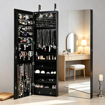 Jewelry Armoire with Full Length Mirror, 47.5 Inch Wall or Door Mounted Jewelry Cabinet with 2 Drawers and 2 LED Lights, Lockable Jewelry Organizer and Storage, Black